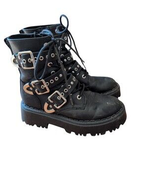 Zara Girls Combat Boots AU 13 / EU 32 Black Platform Lug Sole Triple Buckle Moto